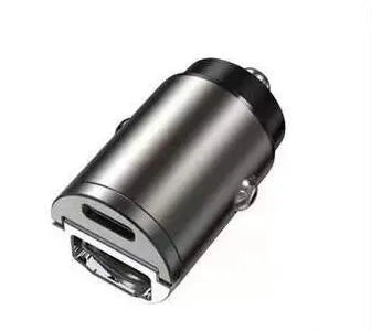 Black car cigarette lighter charger with dual USB ports and voltage display measuring 45x20.7mm