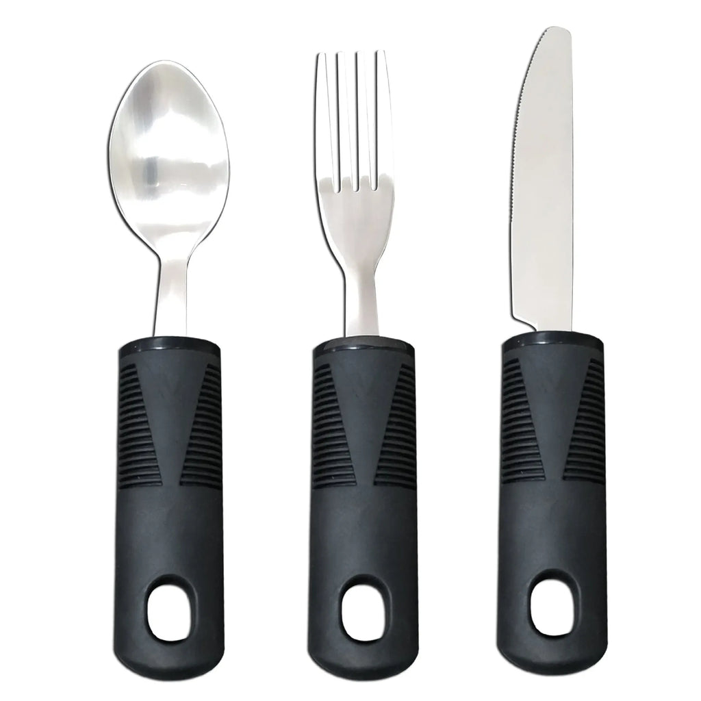 Stainless steel adaptive cutlery set with black rubber handles, showing a bendable spoon and fork.