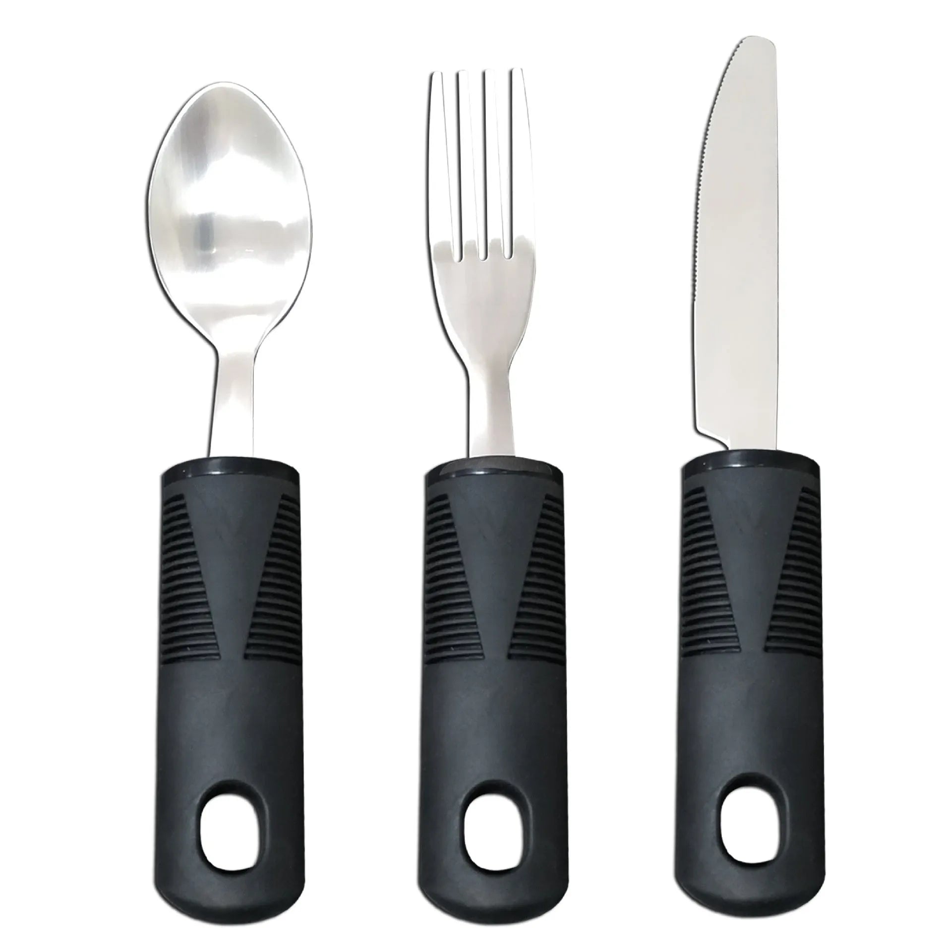 Stainless steel adaptive cutlery set with black rubber handles, showing a bendable spoon and fork.