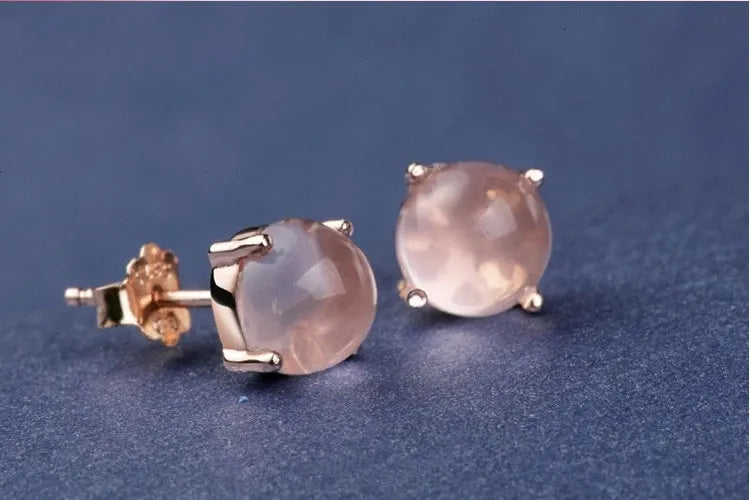 Women's rose gold drop earrings with synthetic rose quartz crystal inlay, Korean-style design