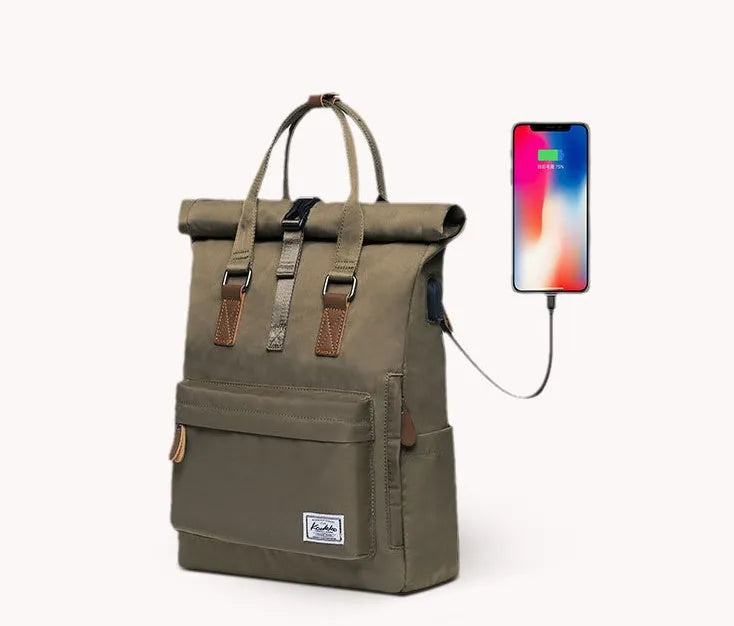 Casual polyester backpack in black, dark grey, or green with 20L capacity and internal computer pocket.