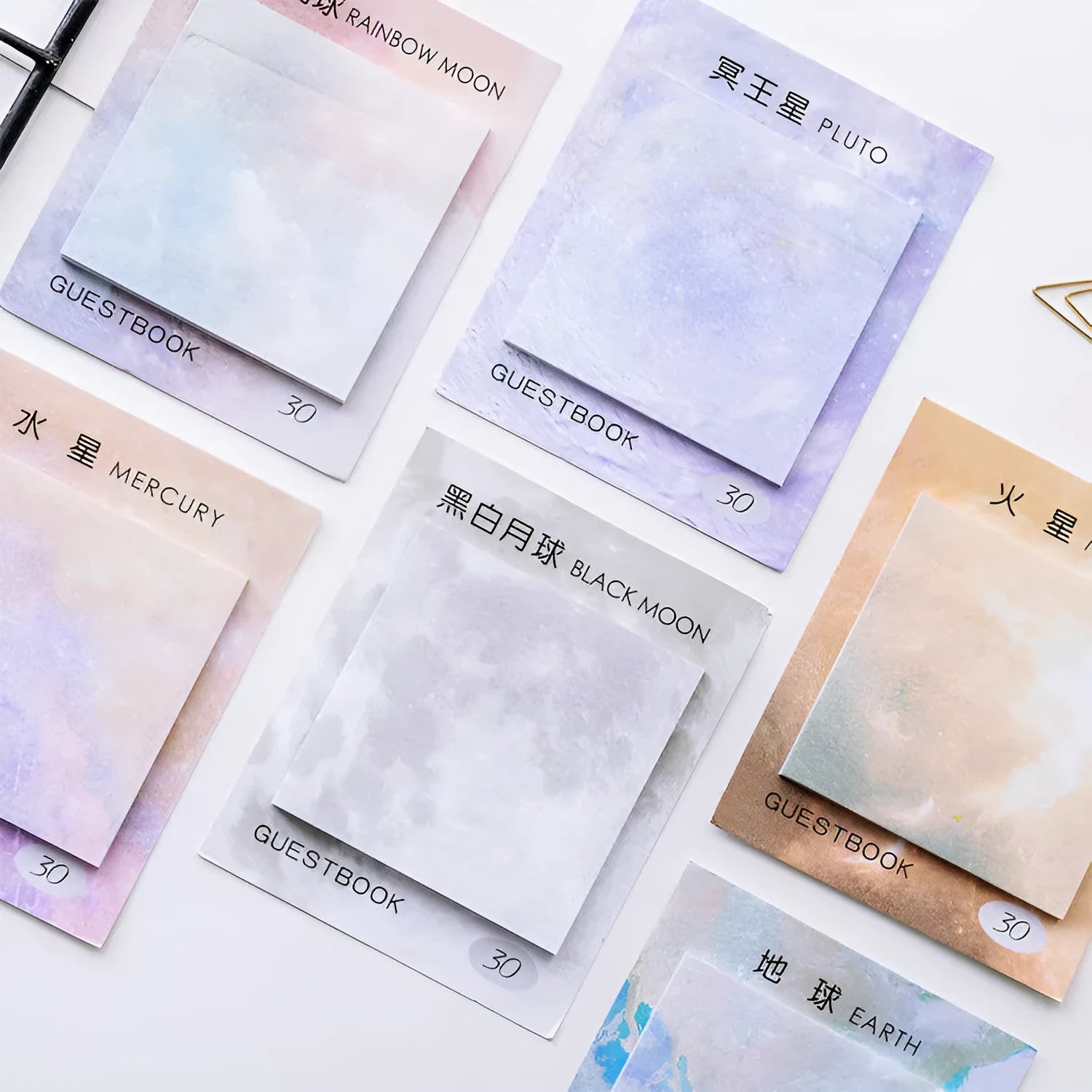 Square planet sticky notes pad with oil painting illustrations of Earth, Mars, and other planets