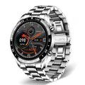 Stainless steel smart watch with black band and 1.3 inch screen displayed on wrist.