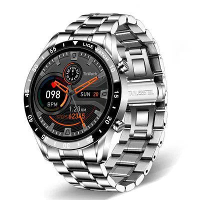 Stainless steel smart watch with black band and 1.3 inch screen displayed on wrist.