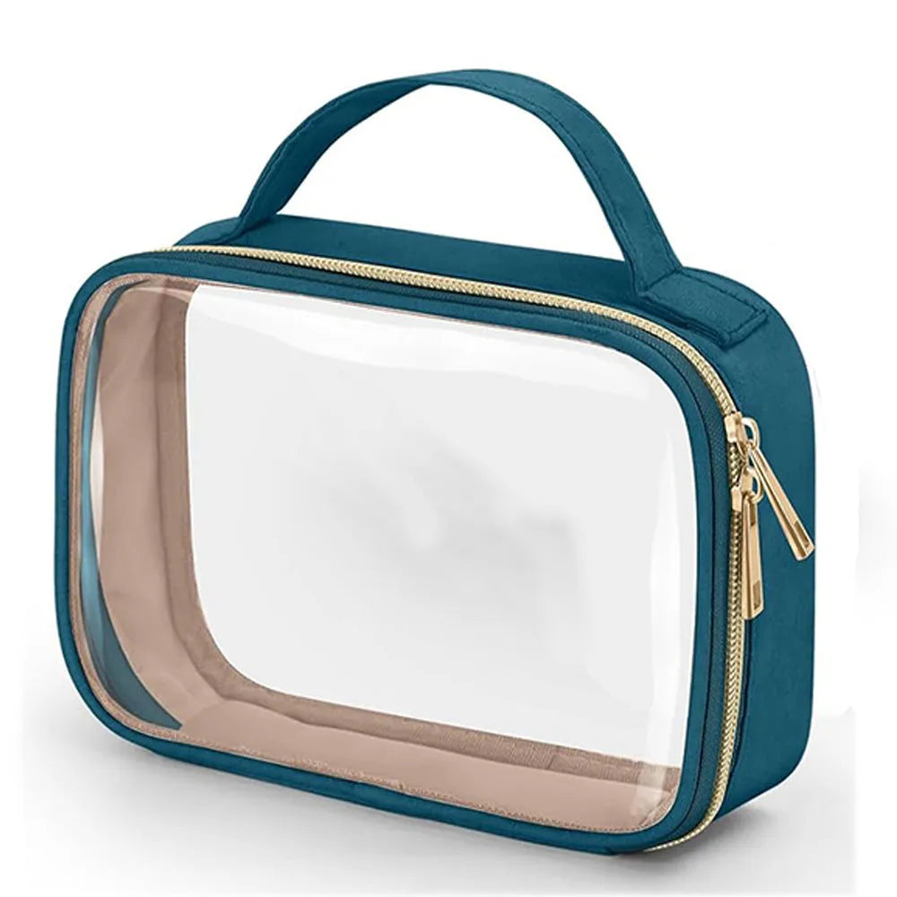 Transparent PVC makeup wash bag with a metal chain, showing various colour options.