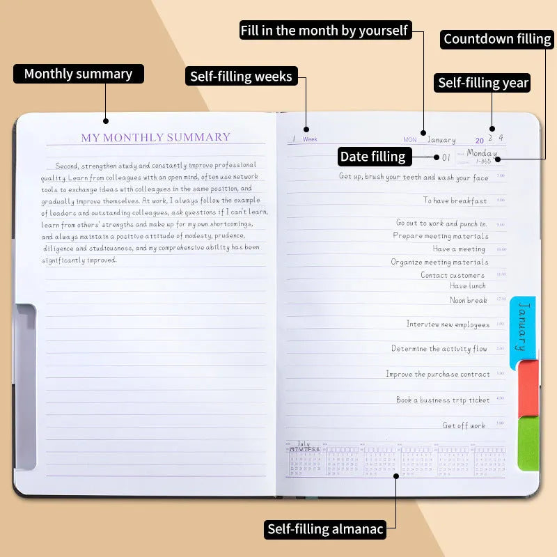 Creative trend notebook with PU cover, open to show undated strap and wood-free paper, with colour options displayed.