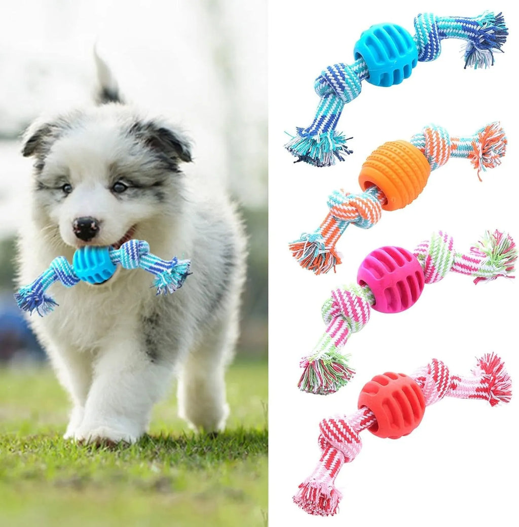Blue dog dental chew toy with integrated rope elements for teeth cleaning