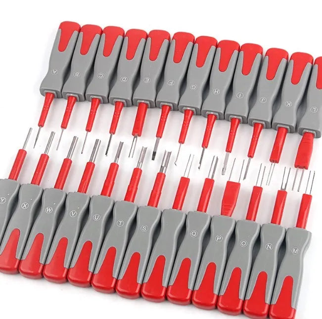 25-piece car terminal removal tool kit with needles and keys for harness disassembly in a storage case.
