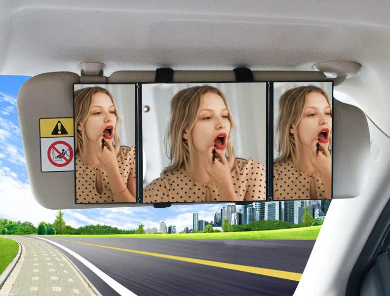 Silver car folding makeup mirror shown both closed and opened, with ABS plastic frame and glass mirror.