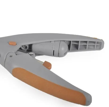White ABS plastic dog nail clipper with LED light and red imitation blood line guide.