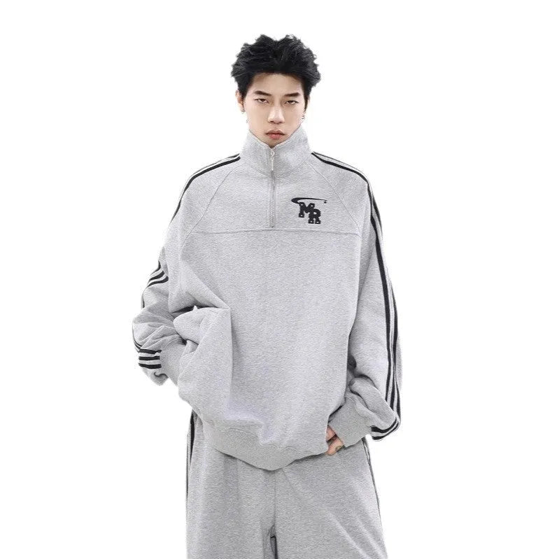 Black Hong Kong style stand collar sports hoodie with long sleeves