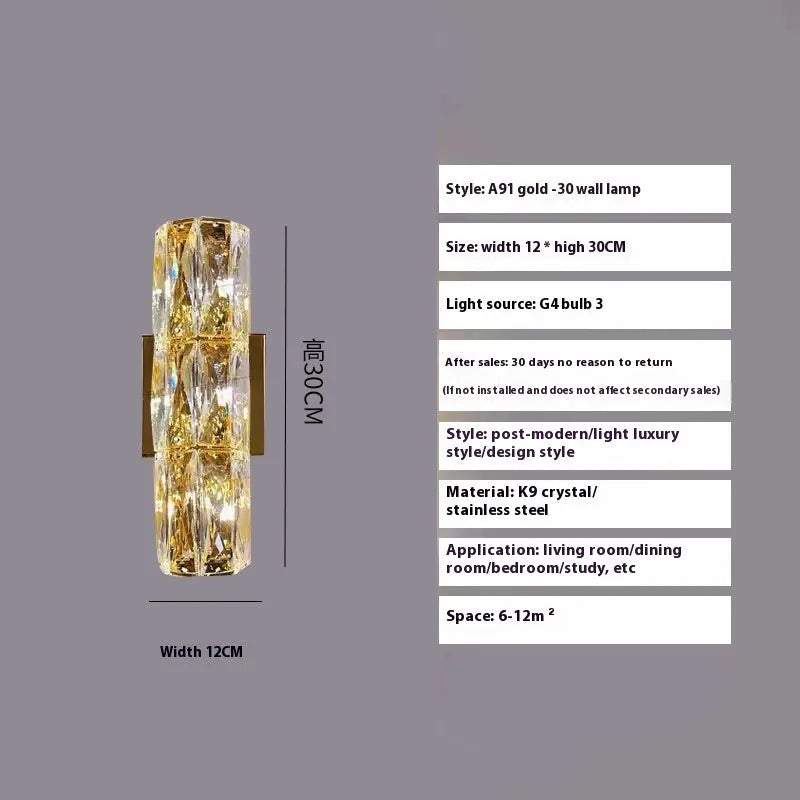 Crystal LED wall lamp with stainless steel frame in chrome finish showing tri-colour lighting