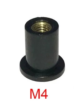 Black motorcycle well nut fasteners with brass inserts in M4, M5, and M6 sizes