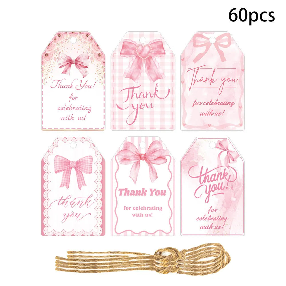 Birthday gift tags with bowknot decoration in three style variations including hemp rope ties