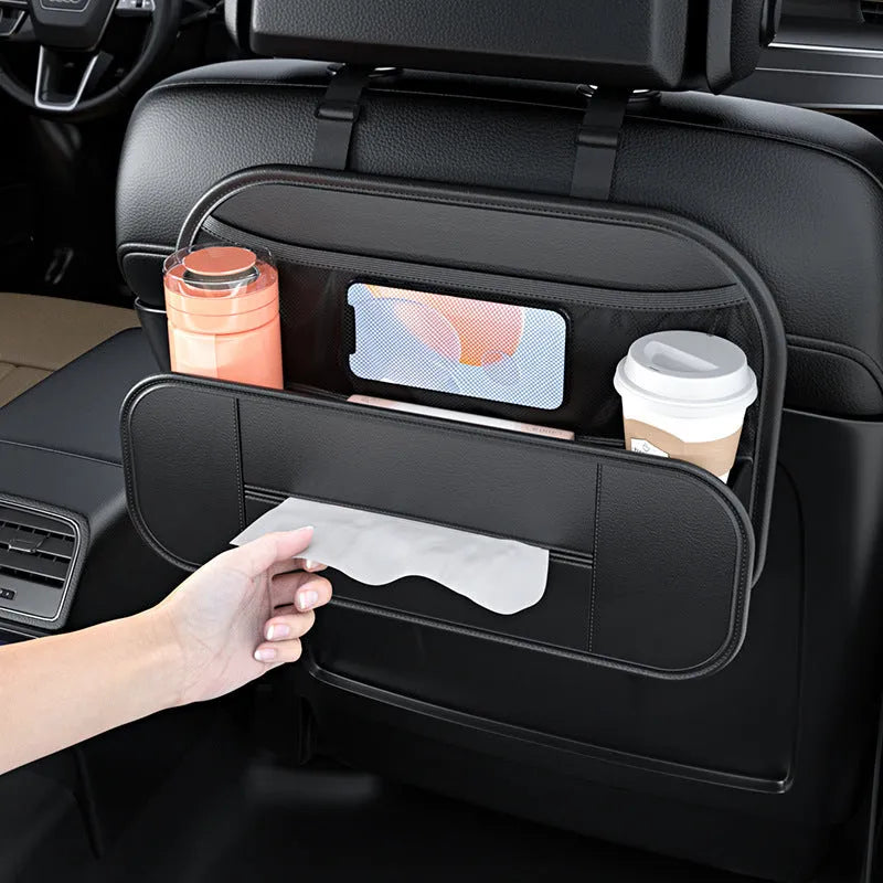 Black leather car seat rear storage bag with adjustable compartments