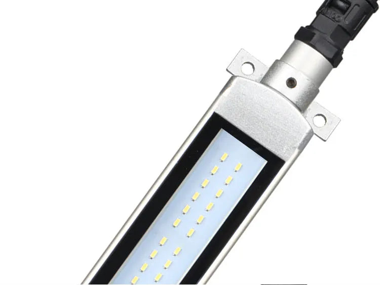 Long 1.2m aluminium LED explosion proof light with tempered glass for mounting on a CNC lathe.