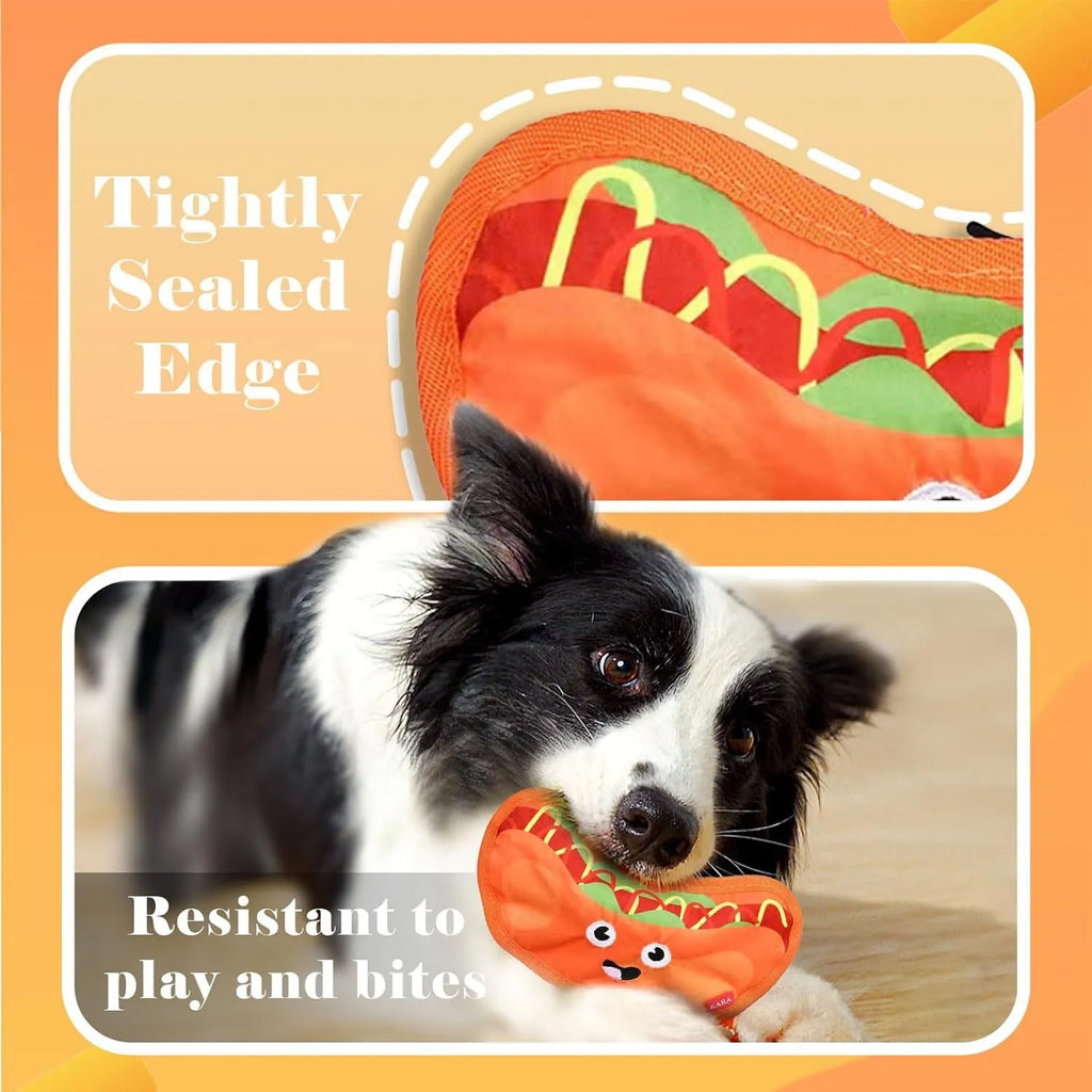 Food shaped dog chew toys with crinkle and squeak sounds including hamburger, pizza, hot dog and fries designs