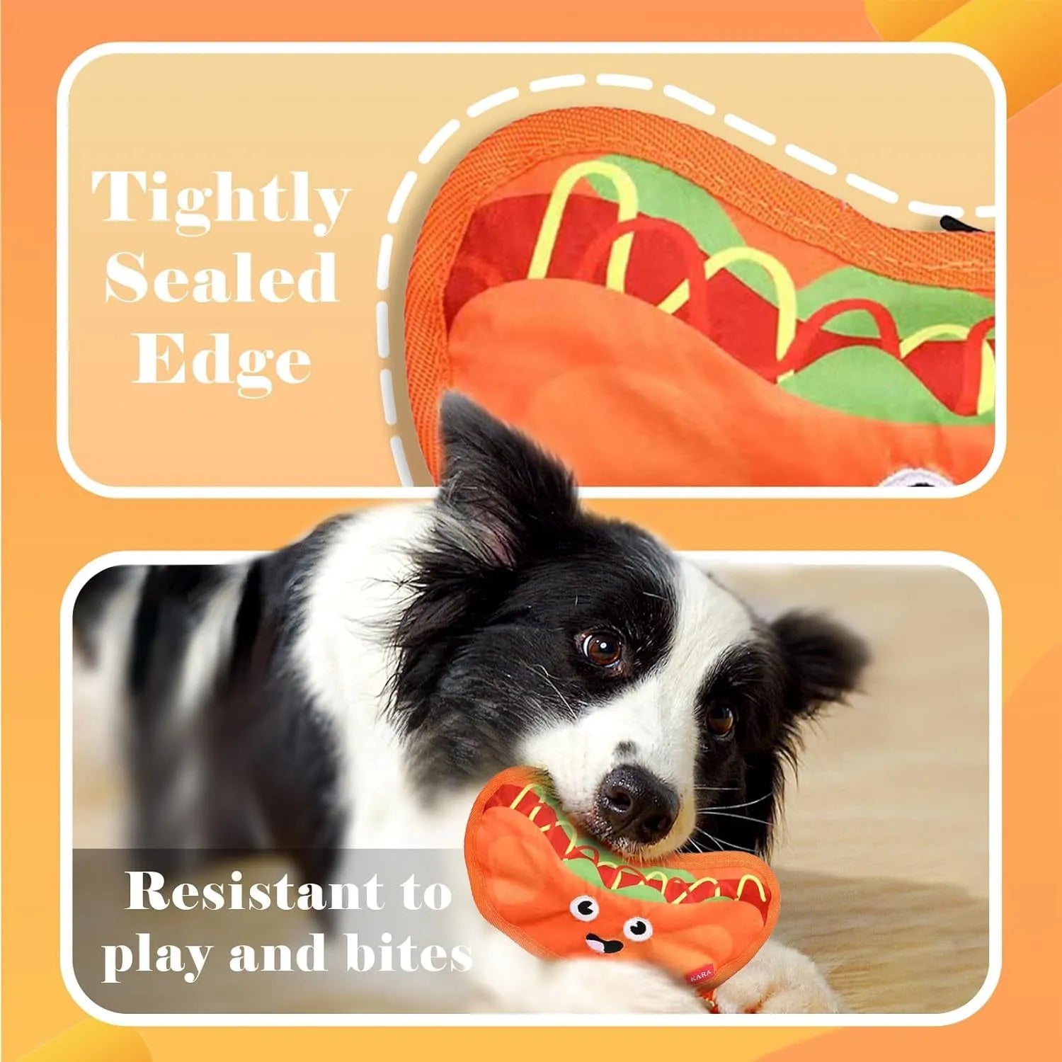 Food shaped dog chew toys with crinkle and squeak sounds including hamburger, pizza, hot dog and fries designs