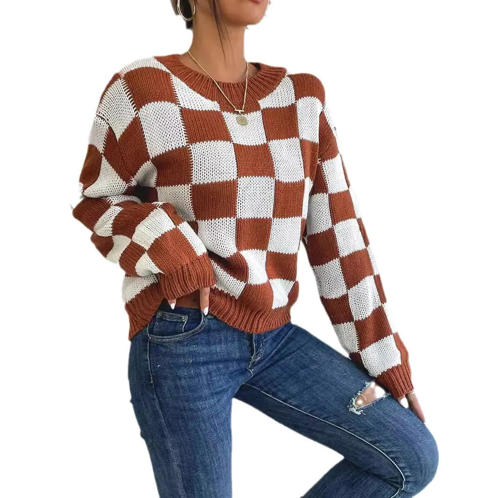 Dark brown acrylic pullover sweater with chessboard plaid pattern, round neck and long sleeves