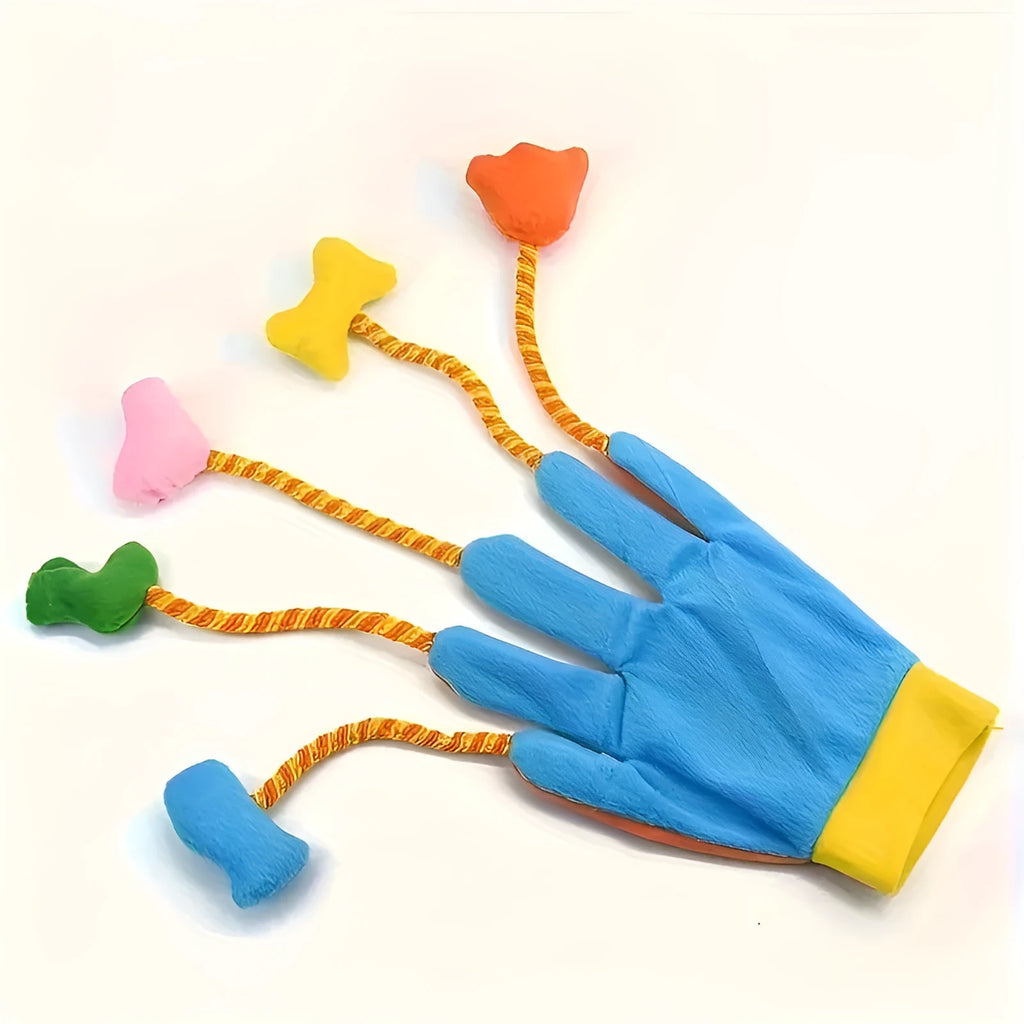 Yellow and blue plush cat toy with magic glove and integrated bell on white background