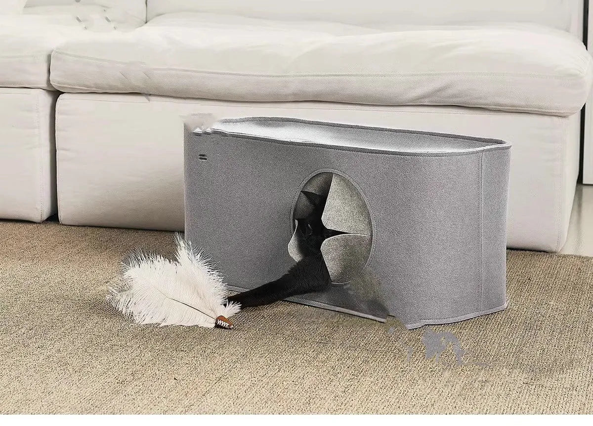 A foldable grey felt cat nest bed shown next to a folded flat version.