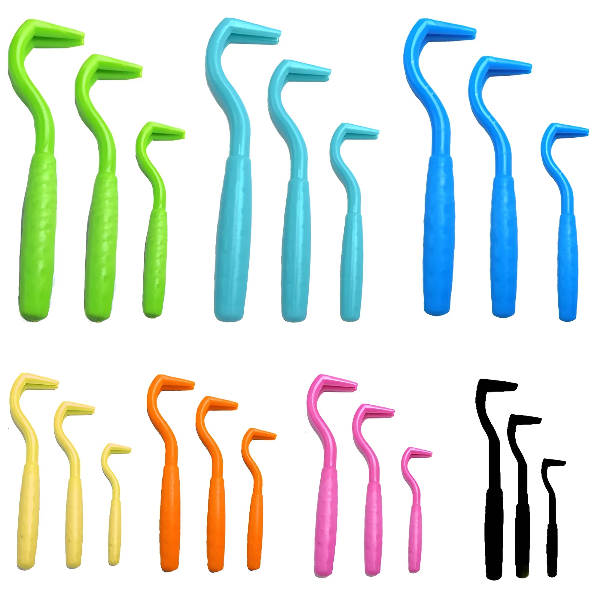 Set of three coloured plastic tick removal hooks for dogs on a white background