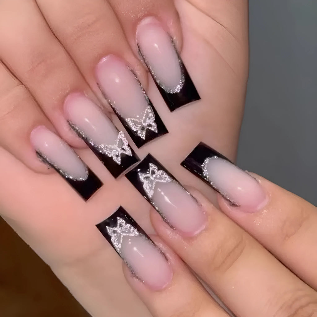French style false nails with butterfly pattern and glitter effect in black colour option