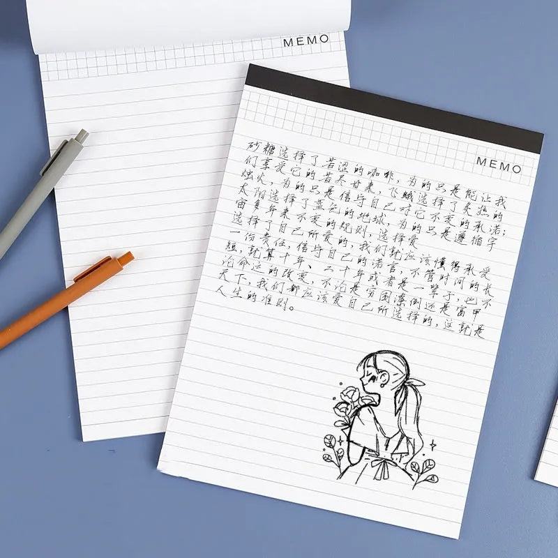 A4 tearable note pad with wireless adhesive binding showing grid and lined format options