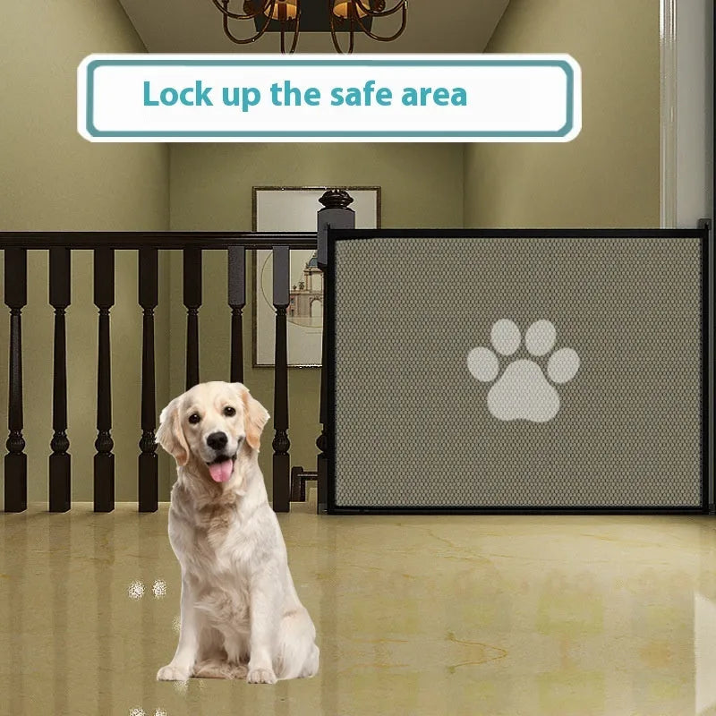 Folding dog barrier with black dog footprints, standing in doorway with plastic support rods