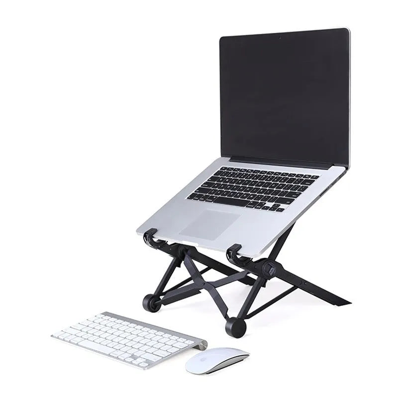 Sagacious black portable folding laptop bracket with carrying case showing lifting mechanism