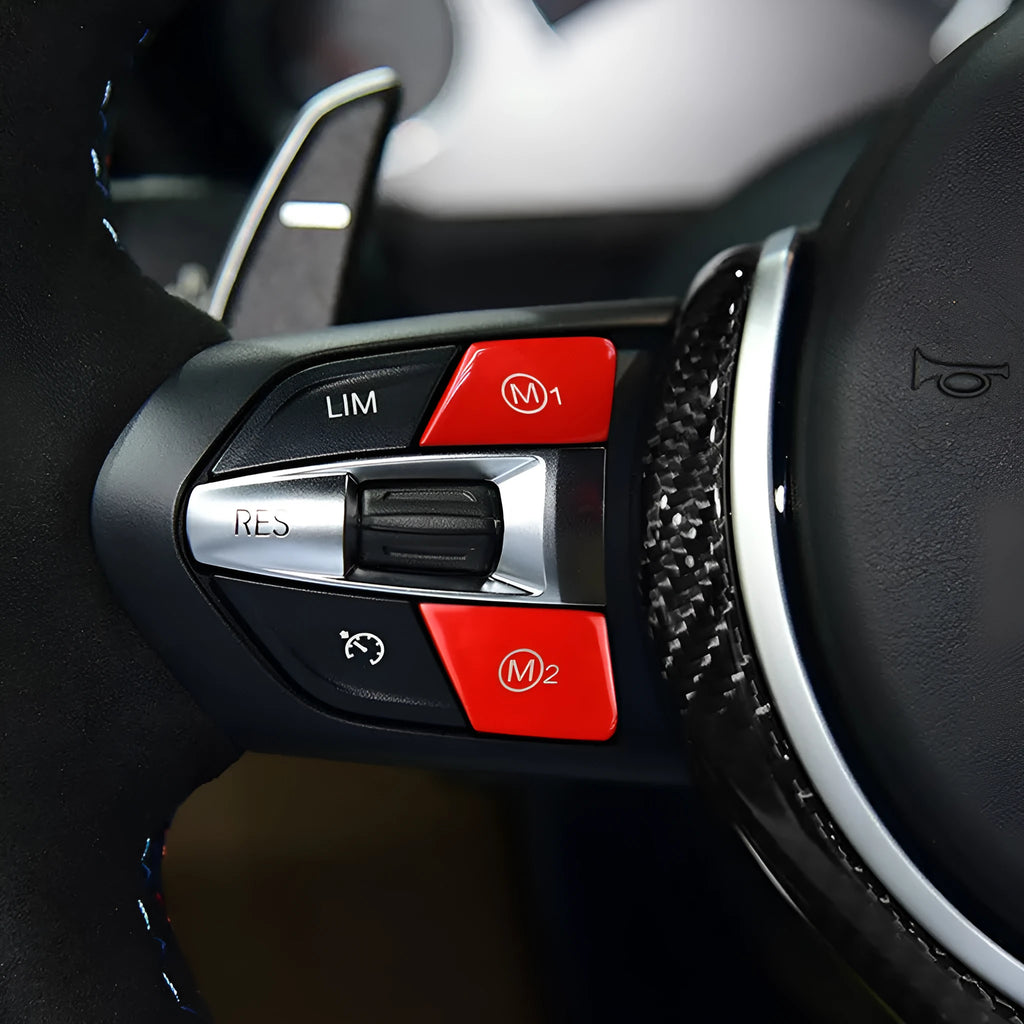 Pair of red and pair of blue M1 M2 replacement buttons for BMW F30 F34 steering wheel.