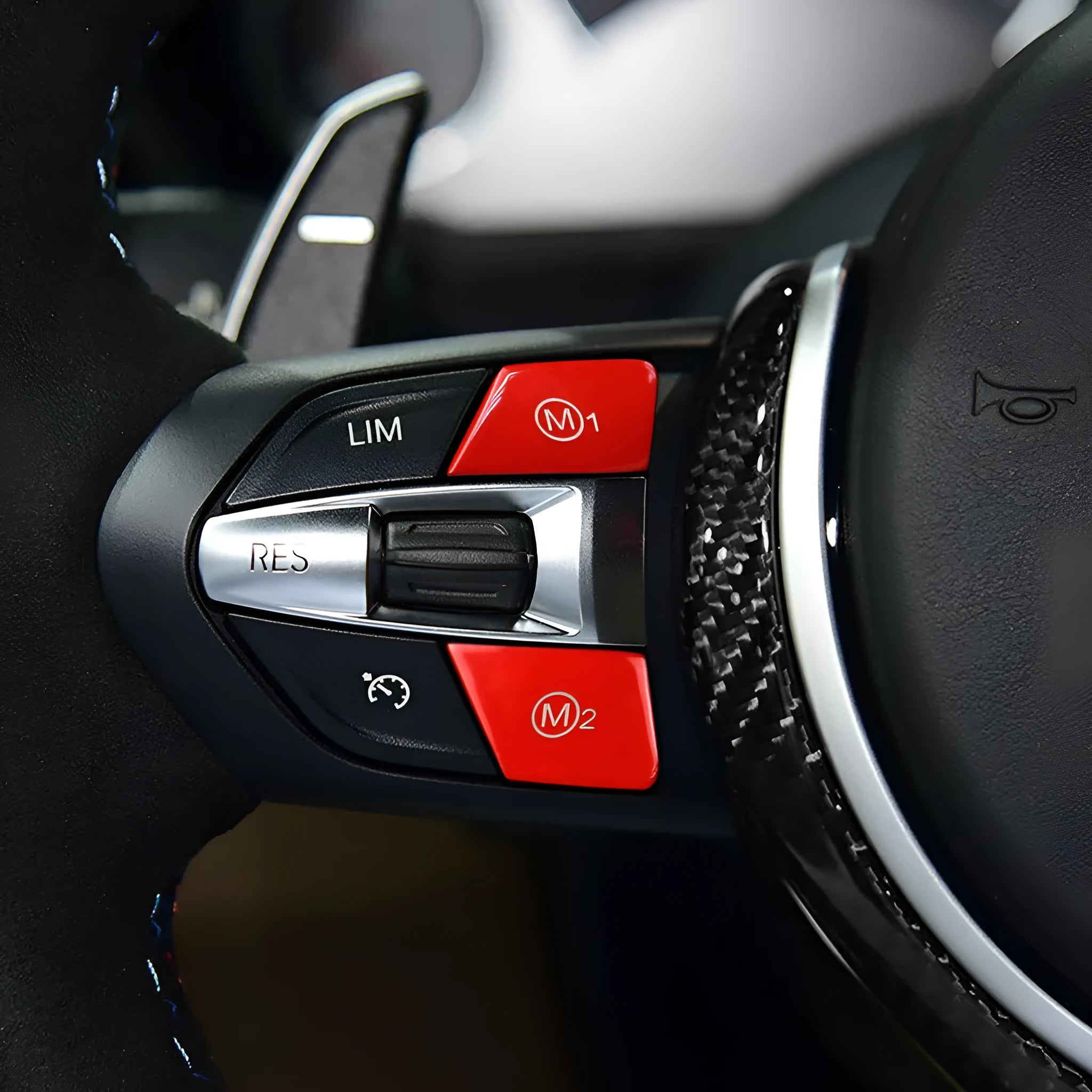 Pair of red and pair of blue M1 M2 replacement buttons for BMW F30 F34 steering wheel.