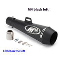 Universal M4 motorcycle exhaust pipe in black, titanium, and half blue finish variants