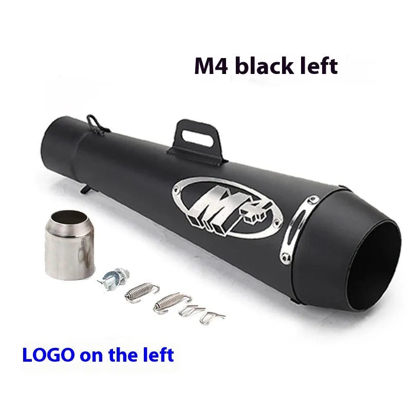 Universal M4 motorcycle exhaust pipe in black, titanium, and half blue finish variants