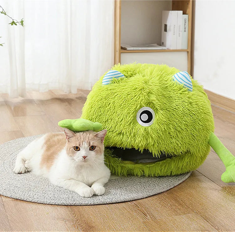 Round fluffy plush cat bed on floor with non-slip base, shown in three size options
