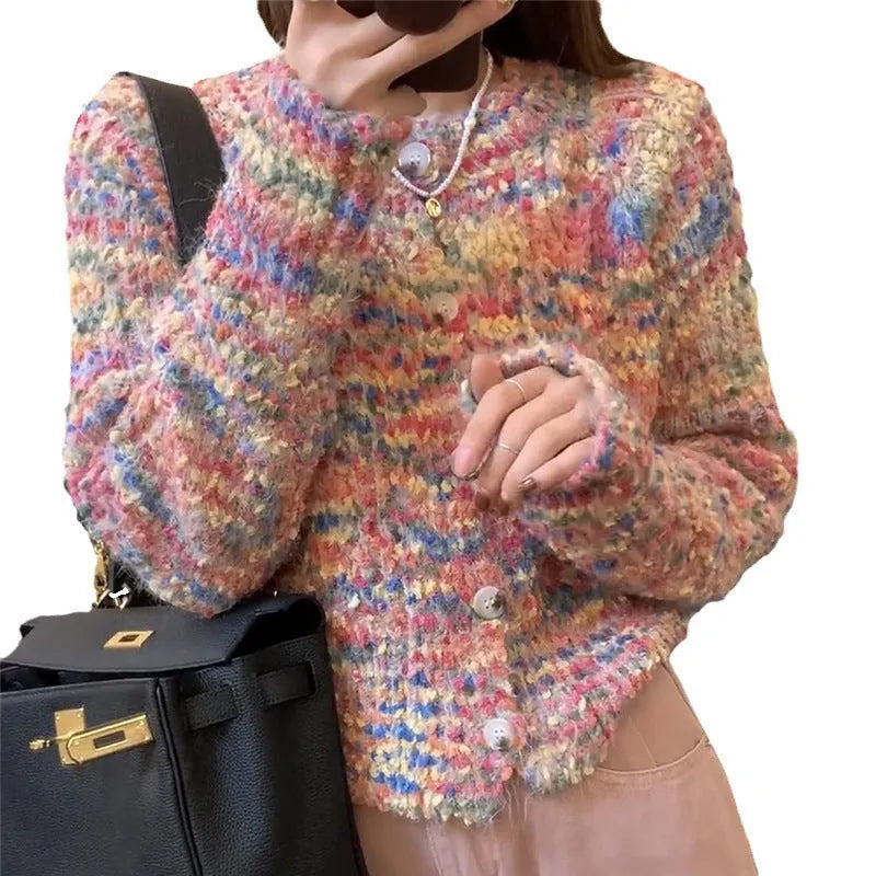 Pink and green rainbow knit cardigan with retro styling and slim fit