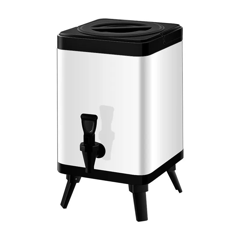 Silver stainless steel milk tea bucket with square lock lid showing 8L capacity for commercial beverage storage