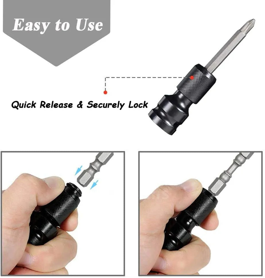 Steel telescopic bit holder adaptor converting between 1/2-inch and 1/4-inch drive sizes with O-ring bolt
