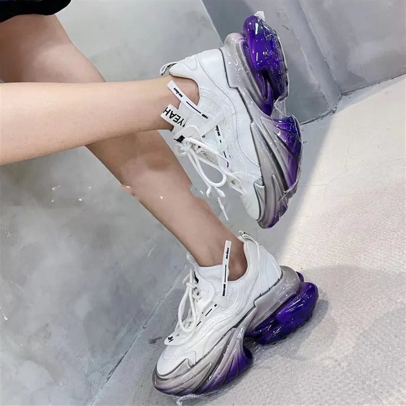 Women's leather thick-soled jelly platform sports trainers with cross-tie lacing