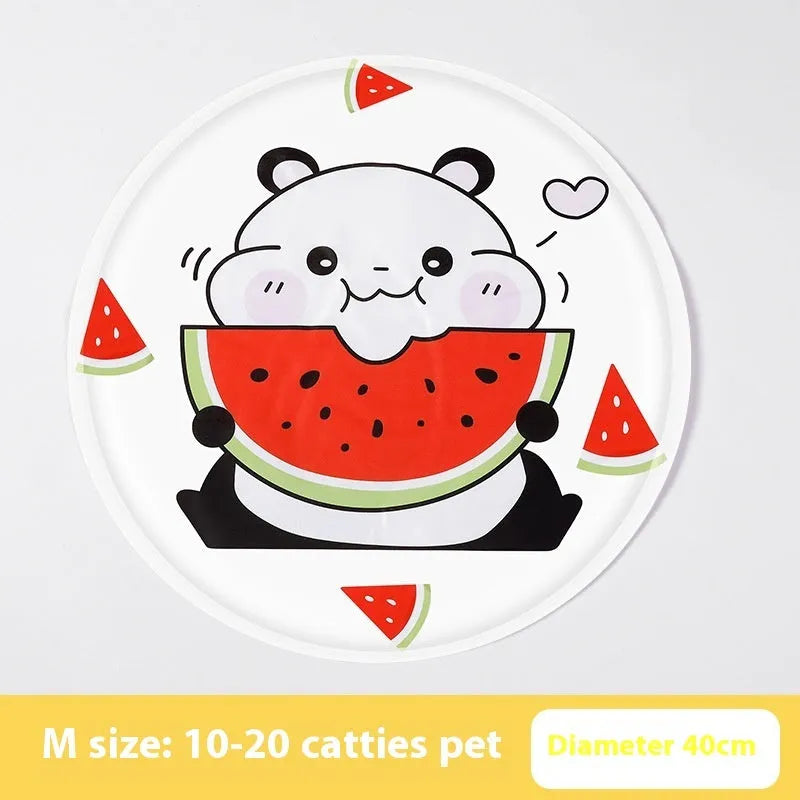 Round cartoon-themed dog cooling mat on a floor, showing gel-filled design and soft cloth cover.