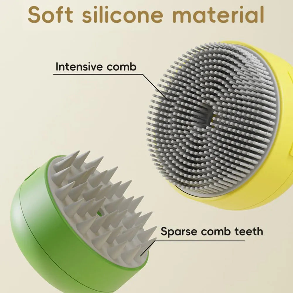 Green rechargeable cat and dog steam brush with soft silicone bristles on an ergonomic handle.
