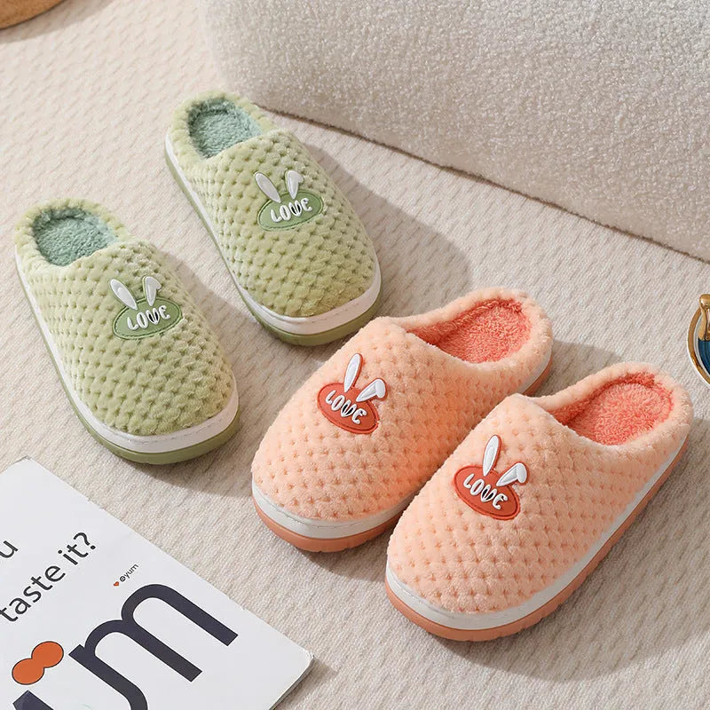 Women's rabbit plaid pattern artificial fur house slippers with a thick sole, shown in apricot colour.