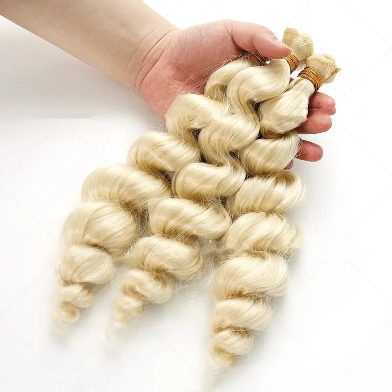 Golden blonde synthetic wig for women shown in 18, 20 and 22 inch length options.