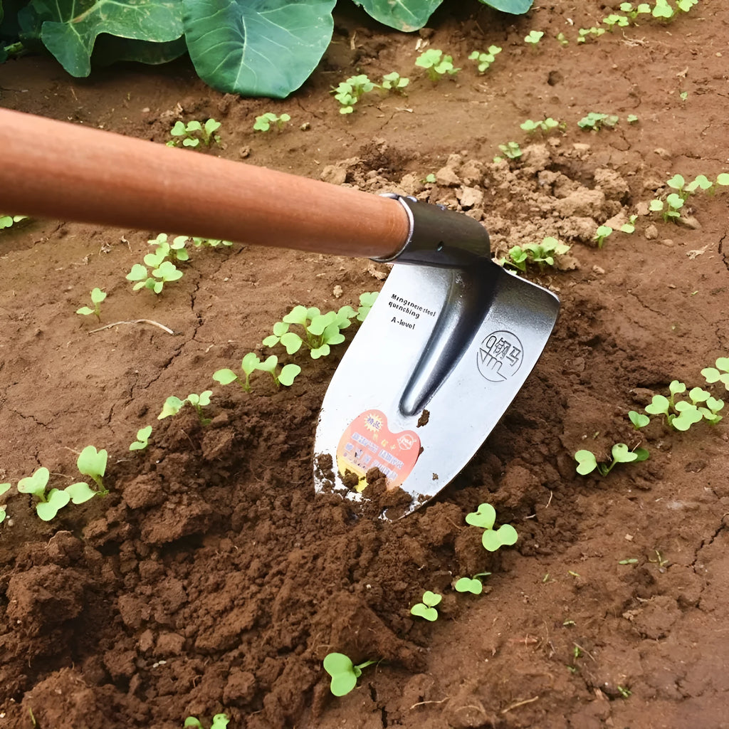 Agricultural pointed hoe with manganese steel construction and steel horse tip for weeding and ploughing tasks