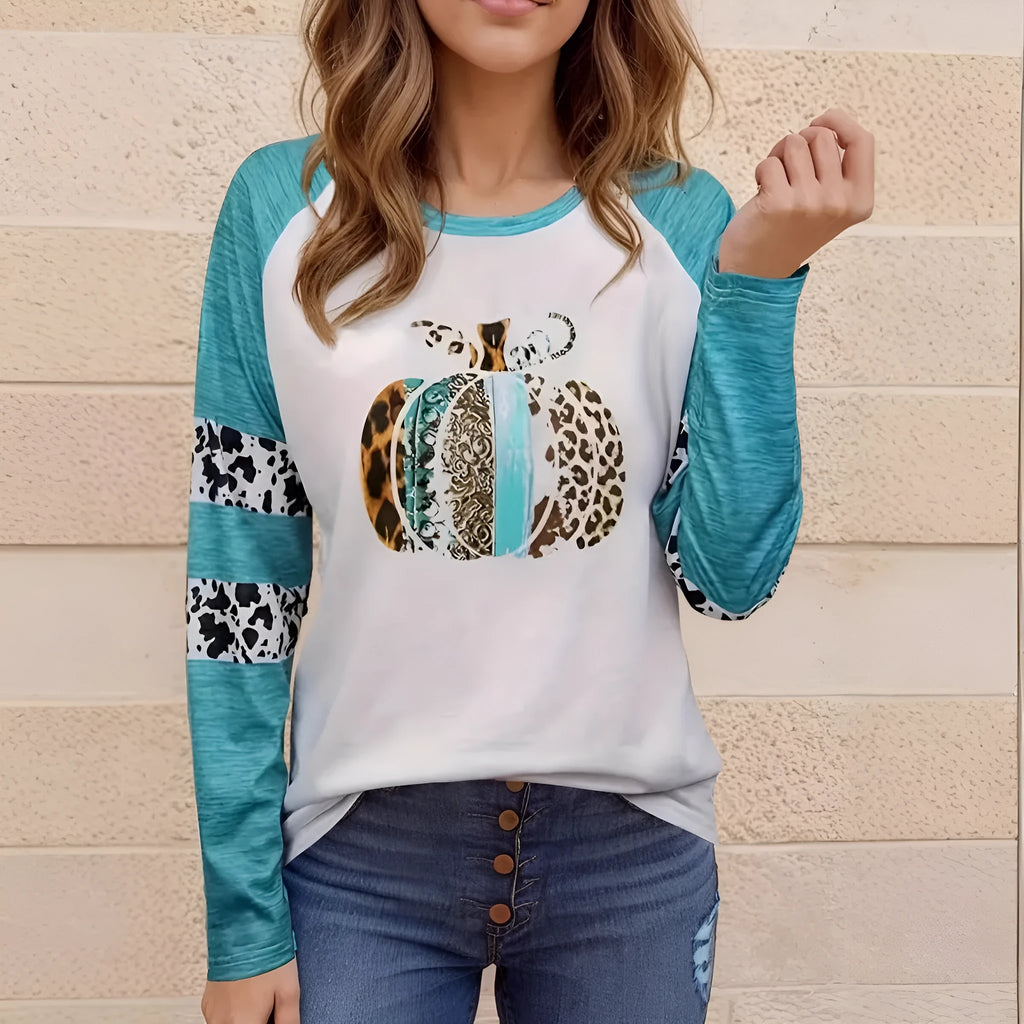 Sky blue casual t-shirt with a large 3D digital print of a Halloween pumpkin on the front.