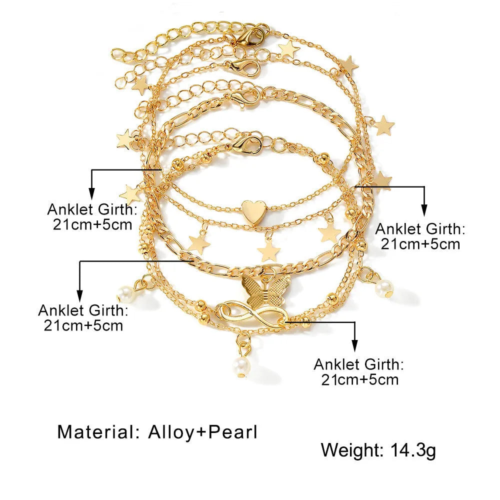 Butterfly pearl heart anklet 4-piece set in alloy with women's simple design