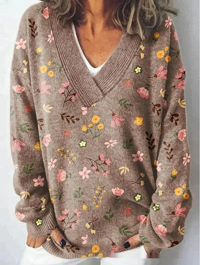 Women's V-neck floral print sweatshirt with 3D pattern and long sleeves