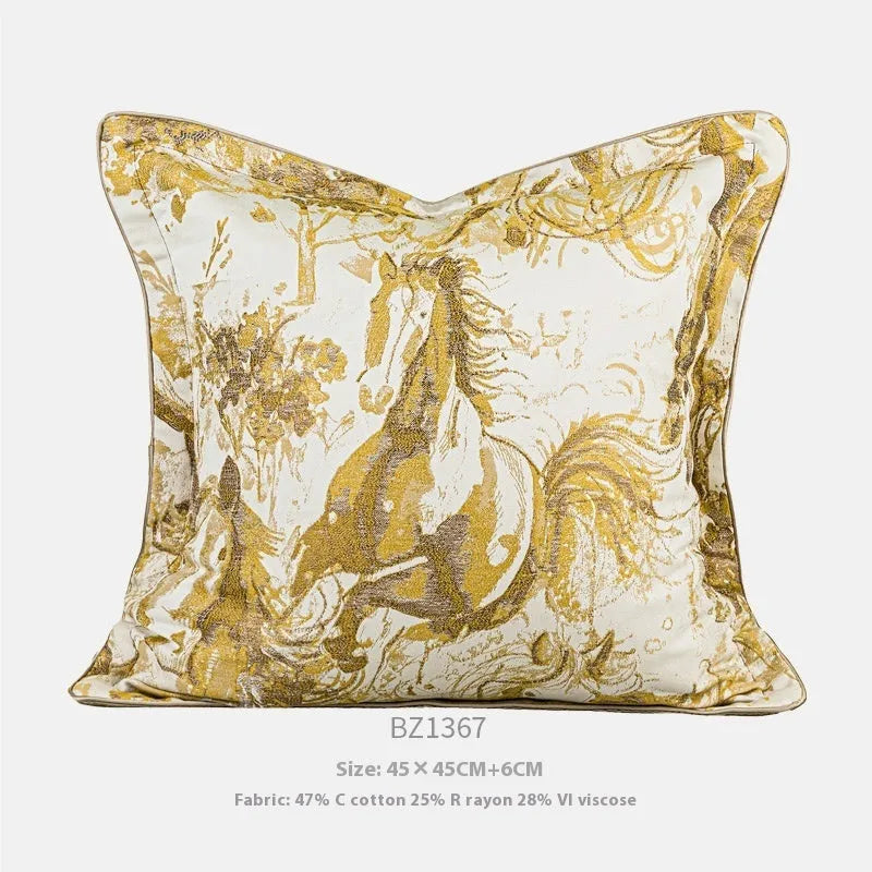 Modern abstract golden horse jacquard cushion in square and waist pillow sizes