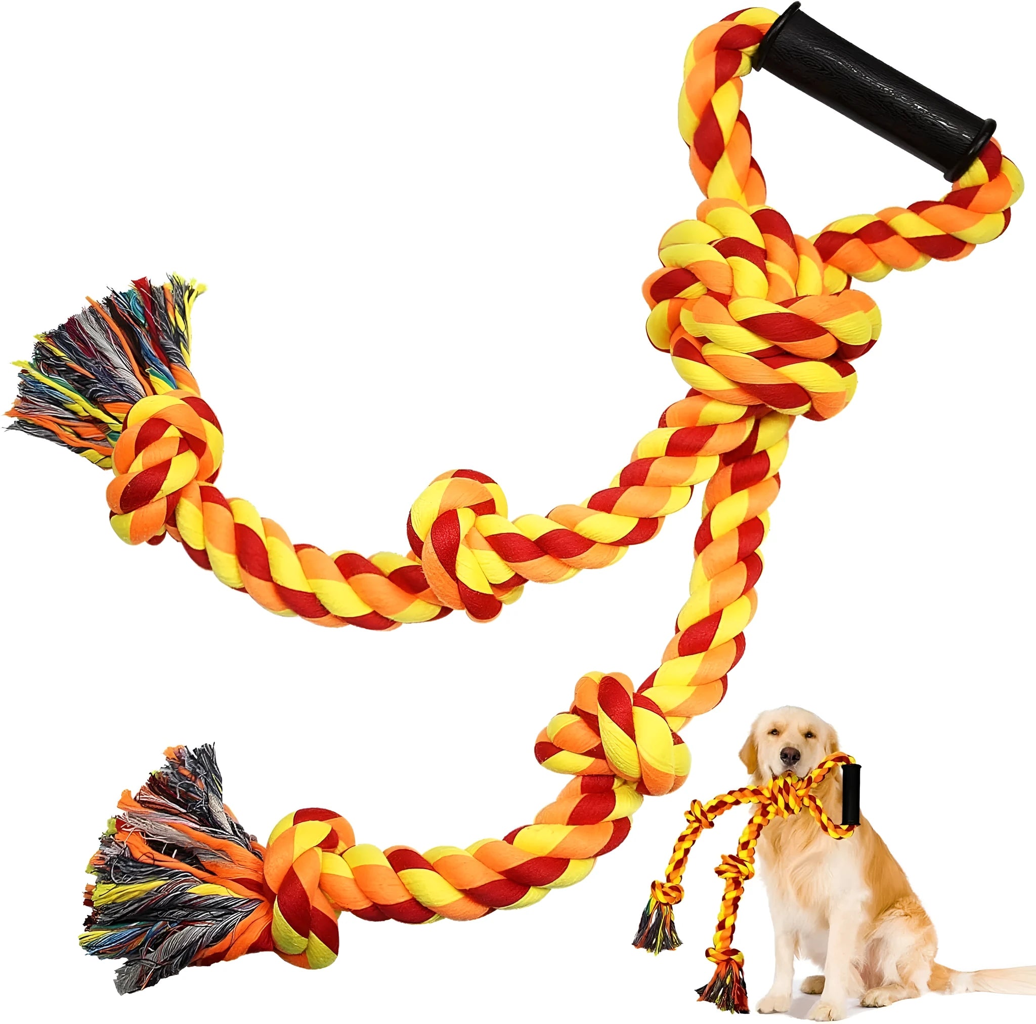 Blue and yellow heavy cotton rope dog toy with non-slip handles for large breed tug-of-war.