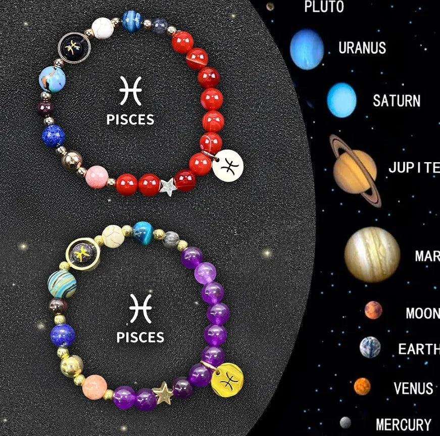 Set of two natural stone beaded bracelets featuring zodiac sign designs on an adjustable band.